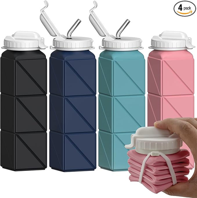 Collapsible Water Bottles with Straw 20.6oz, Silicone Foldable Portable Water Bottle, BPA-Free, Leakproof Reusable for Travel Camping Hiking Sports, 4 Pack (Black+Dark Blue+Blue+Pink)