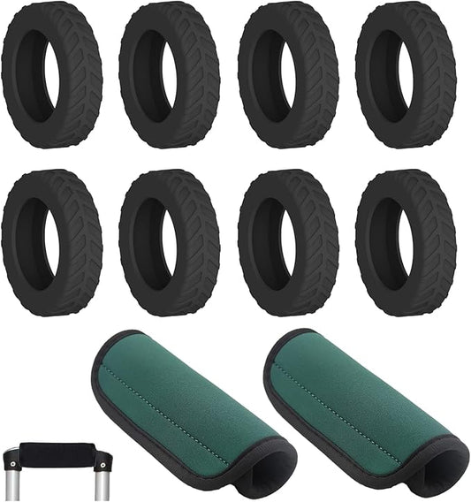 8-Pack Black Luggage Wheel Covers (Fits 2"-2.4" Double Wheels) & 2-Pack Green Handle Wraps - Silicone Tire-Textured Wheel Protectors, Wet-Suit Material Handle Grips for Travel