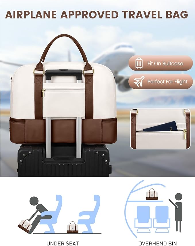Weekender Travel Duffle Bag for Women: Overnight Bags with Shoe Compartment Carry on Bags for Airplanes with Toiletry Bag Yoga Gym Bag with Wet Pocket Travel Duffel Tote Bag Hospital Bag Brown Beige