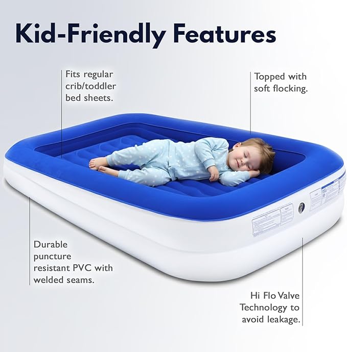 King Koil Luxury Toddler Inflatable Child Airbed, Travel Bed with Built-in Safety Bumper, Portable Air Mattress for Kids, Includes High-Speed Pump - Blue
