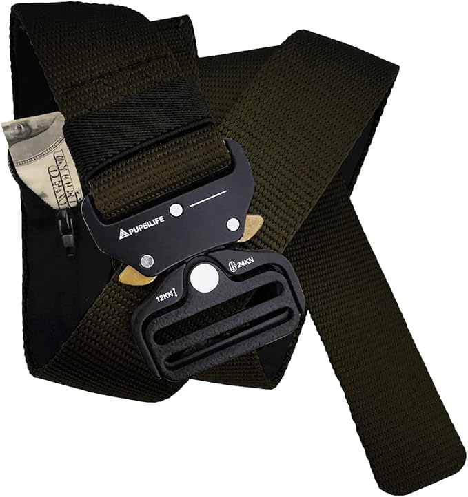 Tactical Style Travel Money Belts - Hidden Pocket Concealed Zipper Nylon Belt for Man Waist Below 42 Inches Included EDC Paracord Keychain 2 Items in Pack - Black