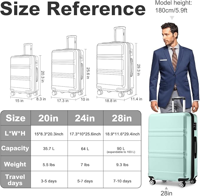 Kono 28 Inch Luggage Expandable Suitcase with Spinner Wheels TSA Lock Lightweight PC+ABS Hardside Large Checked Luggage Durable Rolling Suitcase Mint Green