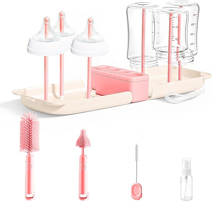 Travel Baby Bottle Cleaner Kit，7-in-1 Baby Bottle Brush Set for Travel and Home, All-in-One Baby Bottle Washing Kit: Integrated Cleaning & Drying System for Bottles and Breast Pump Parts (Pink)