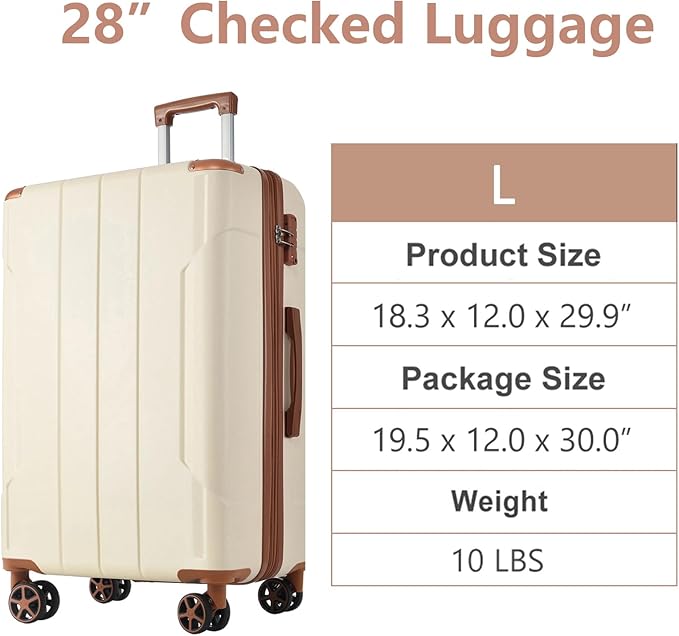 28 Inch Checked-Large Luggage, Lightweight ABS Hard Shell Suitcase with Spinner Wheels, Expandable Travel Luggage with Combination Lock & Side Hooks for Men Women (White Brown, 28)