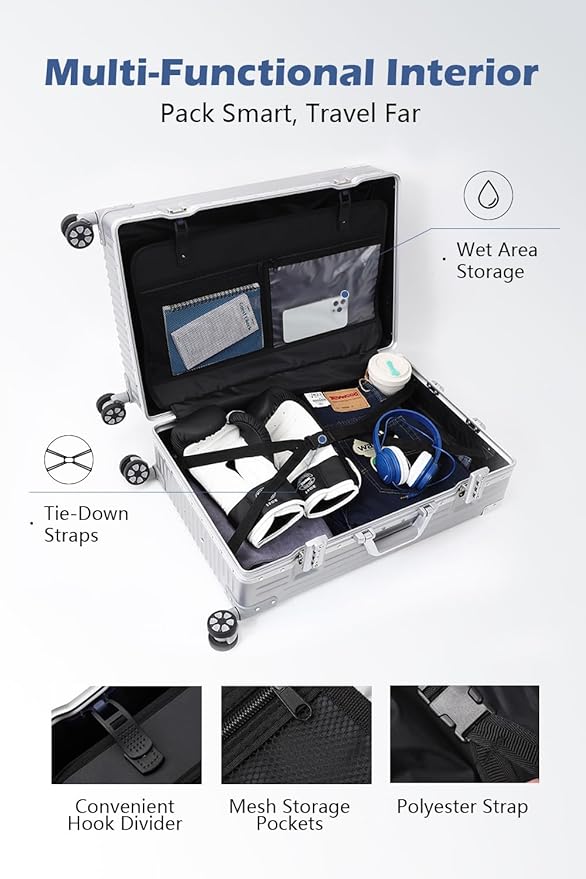 HotWay 28 Inch All Aluminum Checked In Luggage, Hard Shell Suitcase with Spinner Wheels and TSA Lock, Large Suitcase for Business Travel