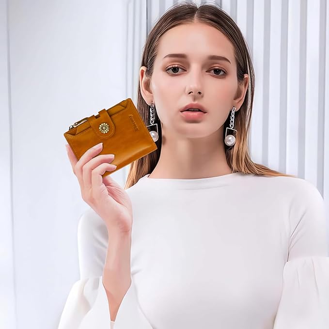 Leather Wallet Women,RFID Blocking Womens Wallet Bifold Compact Card Holder Small Wallet for Women with Removable ID Window LightBrown