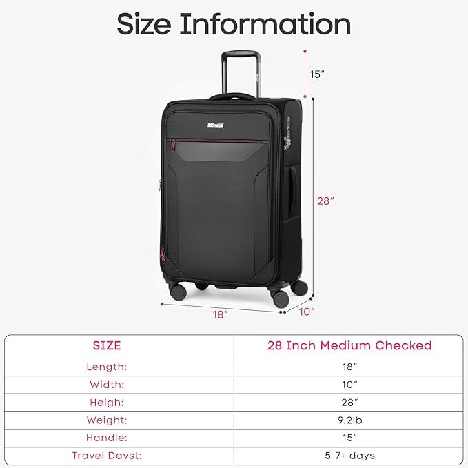 28 Inch Softside Expandable 20% Checked Luggage w/TSA LOCK and Spinner Wheels,Lightweight Upright Softshell Luggage for Men/Women（Black,28in）