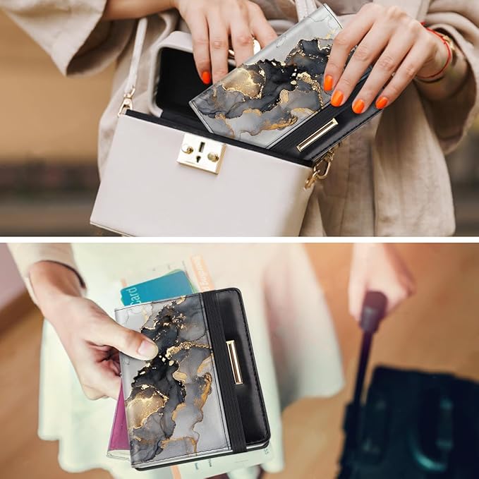 Passport Holder,RFID Blocking Passport Cover Cute Floral Traveling Passport Wallet for Women Gold Grey