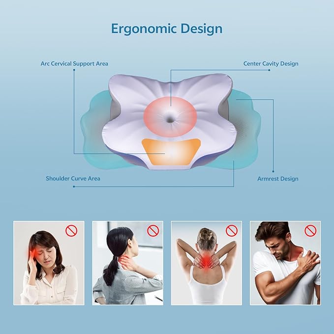 Talc-Free Cervical Memory Foam Pillow for Neck and Shoulder, Butterfly-Shaped Ergonomic Breathable Pillow for Side Back Stomach Sleepers with Pillowcase, Skin-Friendly Fabric