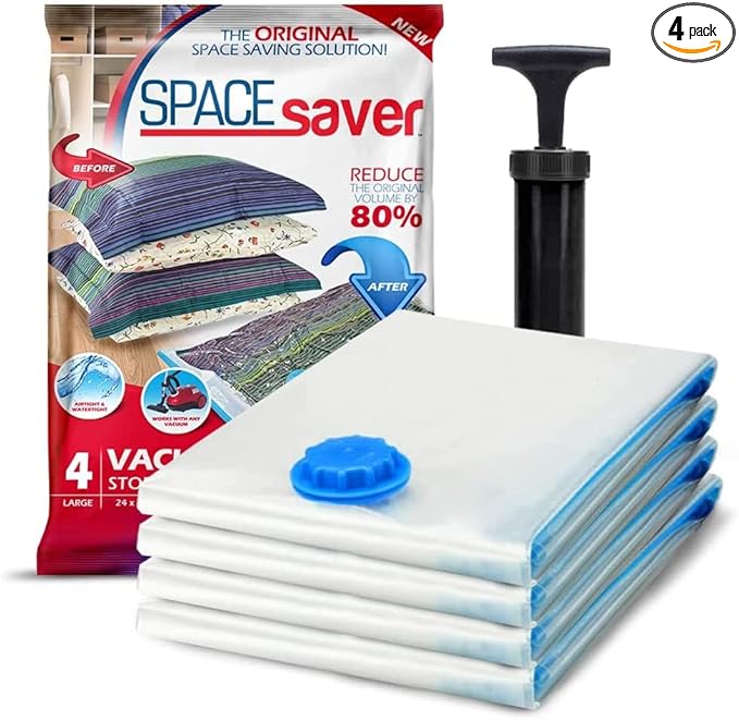 Spacesaver 4 Pack Jumbo Vacuum Storage Bags for Blankets & Clothes – Jumbo Vacuum Sealed Compression Bags with Hand Pump – Space Saver Storage Bags for Bedding, Moving, Travel & Organization