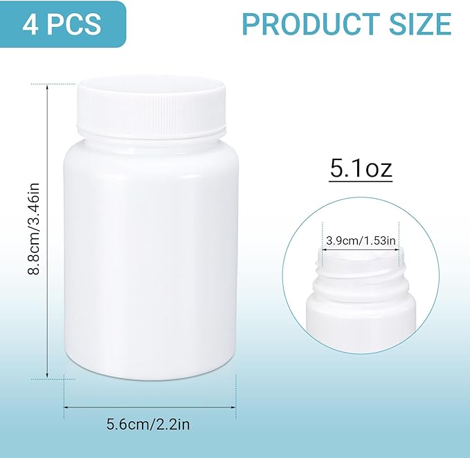 White Pill Bottle, Empty Medicine Bottles with Screw Caps for Pills Capsules Vitamins, Food Grade Plastic Medicine Containers with Labels for Travel (5oz/150ml, 4 Pcs)