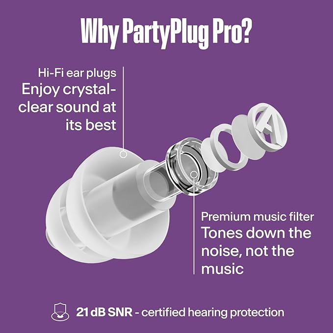 Alpine PartyPlug Concert Ear Plugs - Noise Reduction Ear Plugs for Party, Concert, Festival and Music - Reusable Earplugs (Pro Transparent (Multisize))