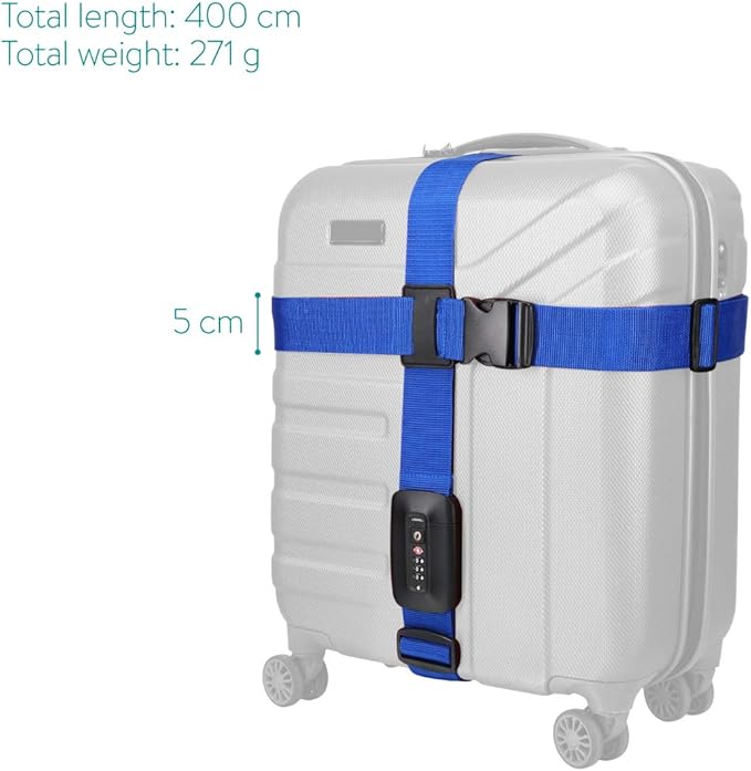 Navaris TSA Luggage Strap - Secure Adjustable Strap for Suitcases with Combination Lock - Lockable Cross Case Travel Belt for Luggage with ID Tag
