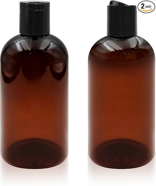 2 Pack 8 oz Amber Plastic Shampoo Bottles with Black Disc Caps Refillable Leak-Proof Travel Squeeze Containers for Conditioner Toiletries Liquid Soap Lotion Essential Oils