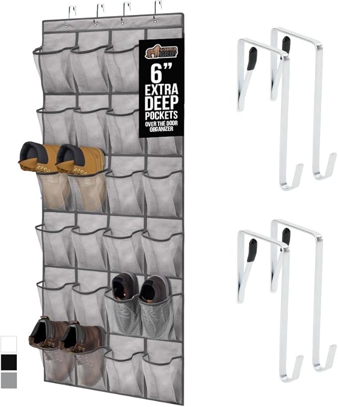 GORILLA GRIP Over the Door Shoe Organizer, 24 Extra Large Breathable Mesh Pockets, Space Saving Hanging Storage Holder, 4 Hook Closet Rack Hanger, Hangs on Closets for Shoes and Accessories, Grey