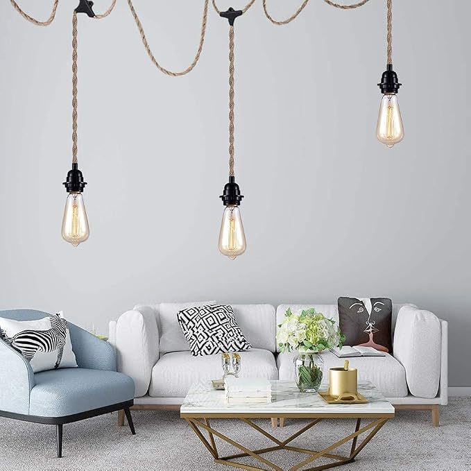 3-Light Hanging Light with Plug in Cord,Plug in Pendant Light 22ft Hemp Rope Pendant Lighting Vintage 3-Light Hanging Lamp Fixtures for Kitchen Island Living Room Bedroom