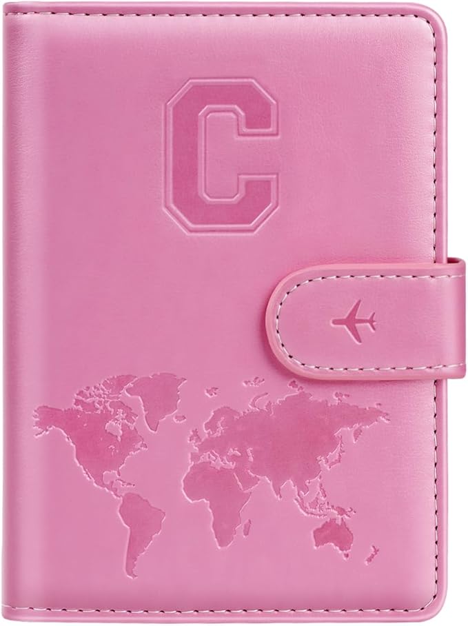 Passport Holder Cover Initail Letter A-Z Travel Wallet Embossed Design RFID Blocking Card Holder Personalized Gift Passport Cover Wallet, Passport Book Holders for Women and Girls, Pink-C