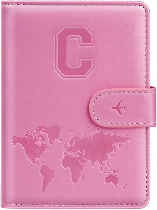 Passport Holder Cover Initail Letter A-Z Travel Wallet Embossed Design RFID Blocking Card Holder Personalized Gift Passport Cover Wallet, Passport Book Holders for Women and Girls, Pink-C