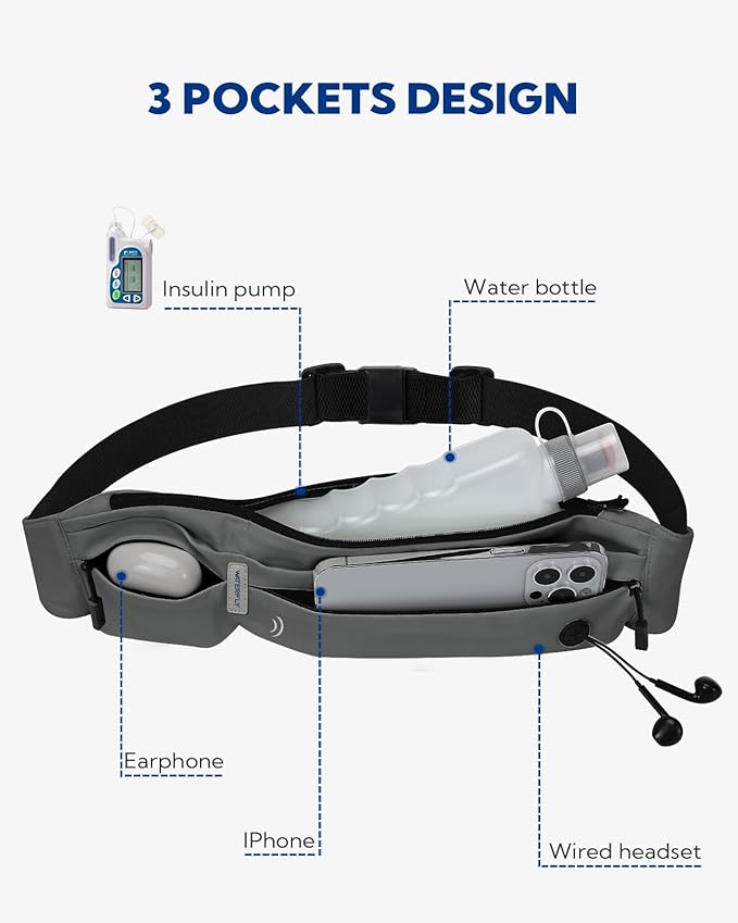 WATERFLY Running Belt Fanny Pack: Runner Marathon Jogging Waist Pack Sport Workout Exercise Fitness Phone Holder Belt for Men Women Jogger Slim Waistband Black