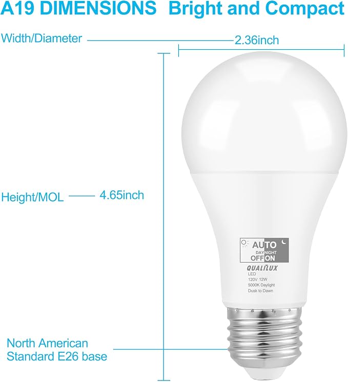Qualilux Dusk to Dawn Light Bulbs, Auto On/Off Light Sensing LED Bulbs Outdoor, Daylight, A19 2-Pack, 12W 1000LM 75W Equivalent, HQ-H023