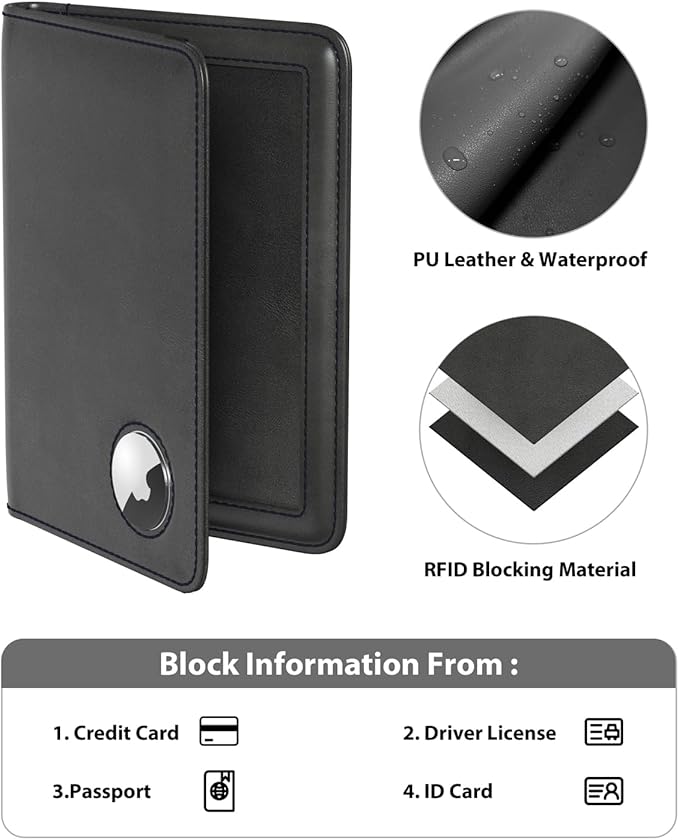 Stouchi AirTag Passport Holder, Slim Passport Holder Family with Airtag Slot, RFID Passport Wallet Cover for Men, PU Leather Passport Case, Anti-Lost Travel Accessories, Black