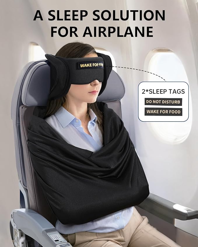 Travel Pillow and Blanket Set, Compact Airplane Pillow Bag with Eye Mask for Long Flights Sleeping, 360° Support Head Strap Travel Essentials for Plane Car Sleep Neck Upright, Stop Bobblehead (Black)