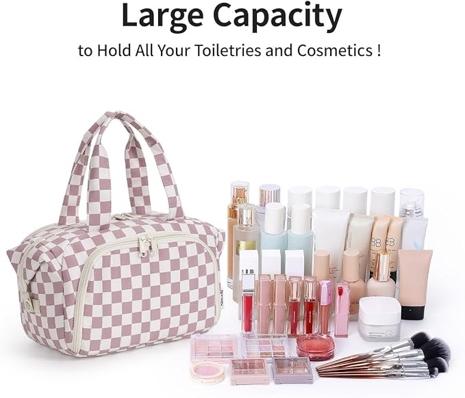Narwey Travel Toiletry Bag for Women, Large Makeup Bag, Wide Open Cosmetic Make Up Organizer with Handle, Wet Pocket for Towel, Travel Bag for Toiletries, Brushes, Essentials (Dusty Pink Checker)