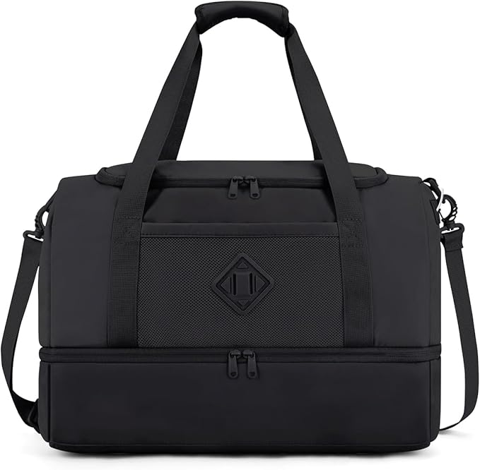 WANDF Travel Duffel Bag with Wet Pocket & Shoe Compartment, 18x14x8 Personal Item Bag with USB Charging Port, Water-Resistant Gym Weekender Overnight Carry-on for Women Men (Black)