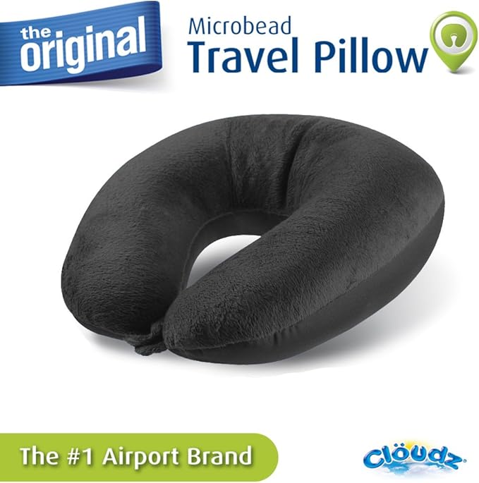 Cloudz Dual Comfort Microbead Airplane Travel Neck Pillow. Super Soft Cozy Plush Fabric on One Side, Cool Relaxing Spandex on The Other! Customize Your Comfort and Support at Home or On The Go!-Black