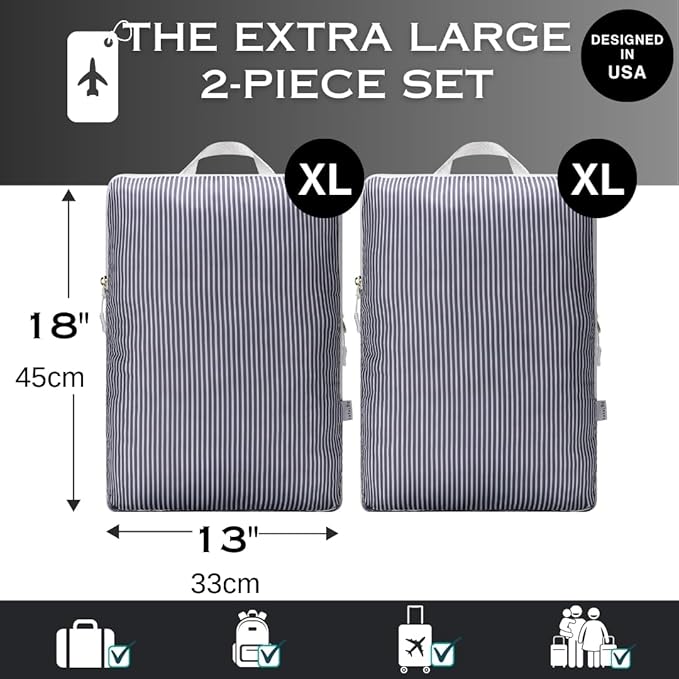 Extra Large Compression Packing Cubes for Checked Luggage, Lightweight Suitcase Organizers & Space Saver Bags - Travel Cubes for Packing - Travel Essentials - 2 Piece Set, X-Large - Grey Stripe
