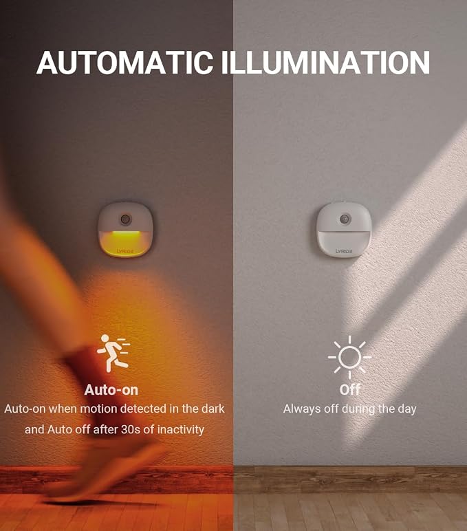 Rechargeable Battery Night Light with Motion Sensor, Dimmable Amber Nightlights for Bathroom, Bedroom, Hallway, Stairs, Pet House, 3 Pack