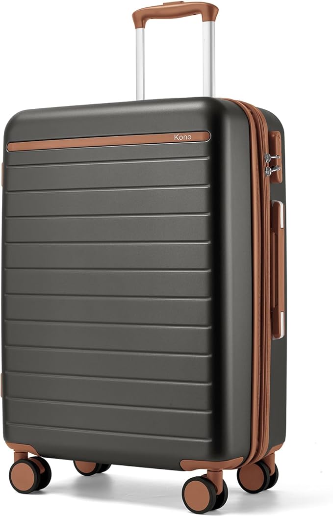 Kono 24 Inch Check In Suitcase Expandable Luggage, Business Travel Suitcase for 5-7 Days, Durable ABS+PC Hardshell with Side Handles & Kick Plates, Double Spinner Silent Wheels, Grey/Brown