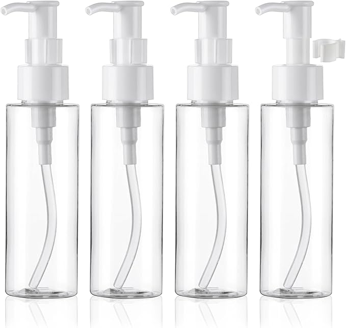 Cosywell Empty Plastic Pump Bottles Dispenser TSA Approved 3.4oz 4 Pack Portable Empty Refillable Container Clear Plastic Lotion Pump Dispenser Bottle for Facial Cleansing Oil Shampoo Shower Gel