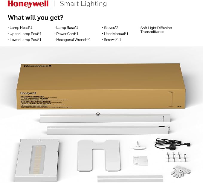 Honeywell 02E Gen Sunturalux LED Floor Lamp 8000LM Tall Standing Lamp | 4000K Daylight, CRI≥98, 80W Super Bright, 77" Modern Stand Reading Light for Bedroom, Living