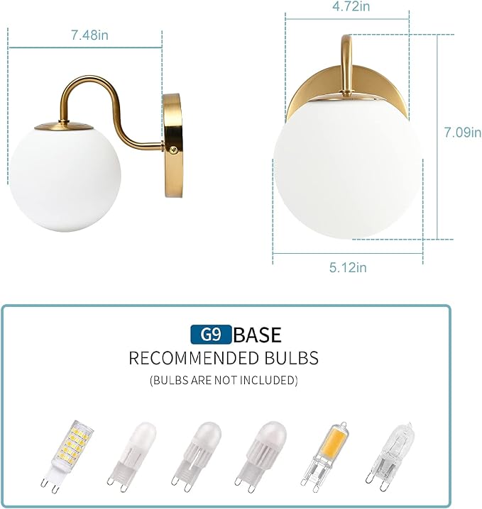 Modern Bedroom Wall Sconce Brushed Brass Indoor Wall Light Fixture Milk White Globe Glass Wall Lamp for Bathroom Kitchen Living Room Vanity Hallway (Exclude Bulb)