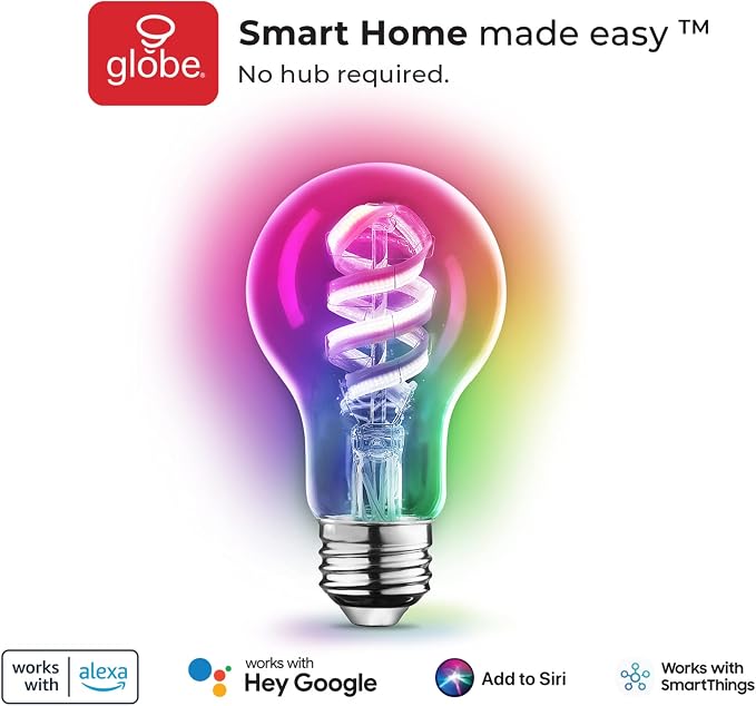Globe Electric 35850 Wi-Fi Smart 7W (40W Equivalent) Spiral Filament Multicolor Changing LED Light Bulb, No Hub Required, Voice Activated, 2000K - 5000K, A19 Shape, E26 Base, Vintage Edison