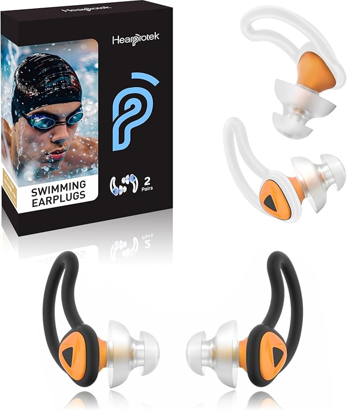 Ear Plugs for Swimming–2 Pairs Soft Silicone Reusable Waterproof Earplugs for Adults & Men Women, Custom Fit for Swimmers Ear, Pool, Beach, Snorkeling, Surfing, Kickboard Training(Orange)