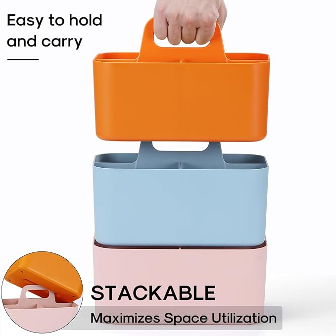 Multiuse Caddy Organizer with Handle, Portable Divided Plastic Tote Bin - Art Craft, Stationary Pen Marker Crayon, Makeup Hair Supplies Storage - Bathroom, Classroom, Dorm, Office, Desk Holder -Orange