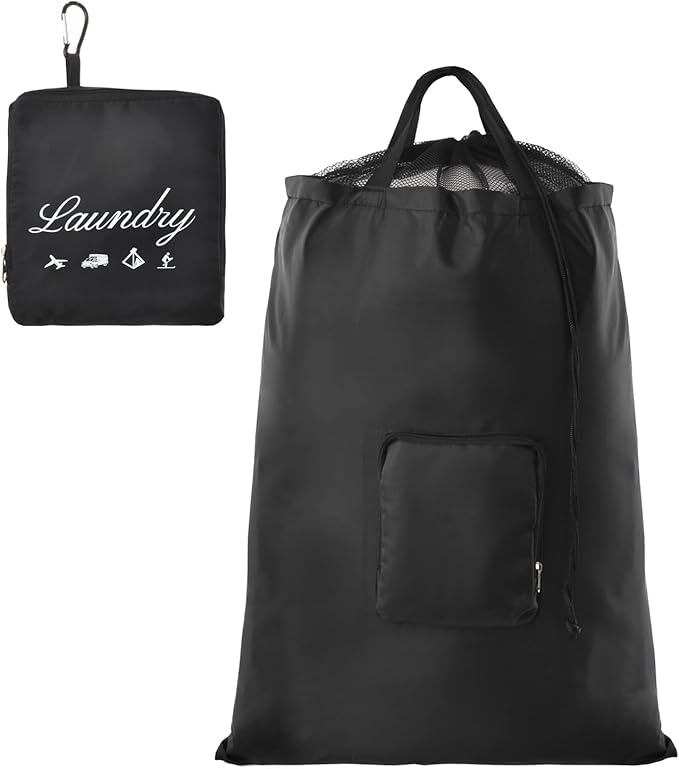 Travel Laundry Bag, JHX Foldable Dirty Clothes Bags 【Upgraded】 with Fixed Drawstring Net, Handles and Carabiner, Portable Laundry Bags for Travel, Fitness, and Students (Deep-black) 30"H x 21"W