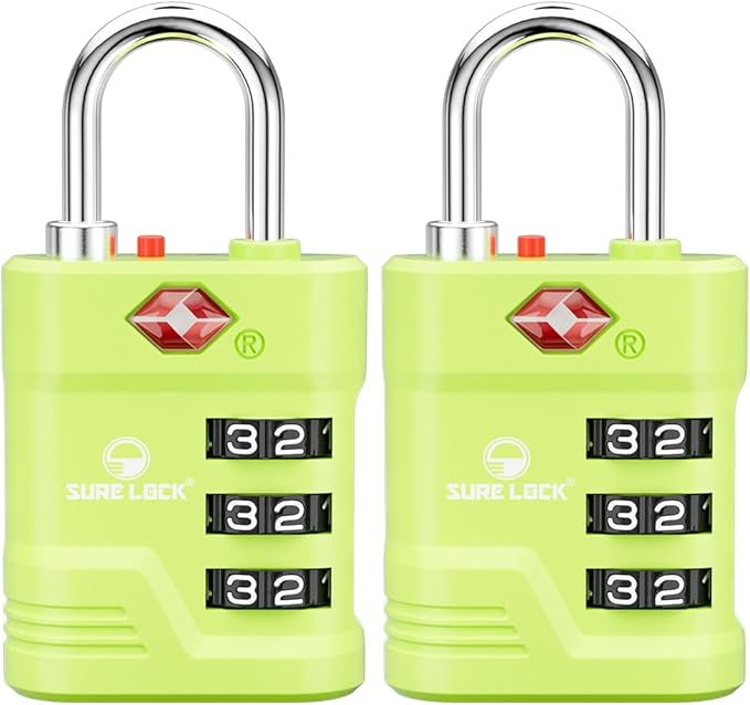 SURE LOCK TSA Approved Luggage Lock – 3-Digit Resettable Combination Padlock with Open Alert Red Dot, Large Easy-Read Dials for Suitcases, Backpacks, Gym & School Lockers