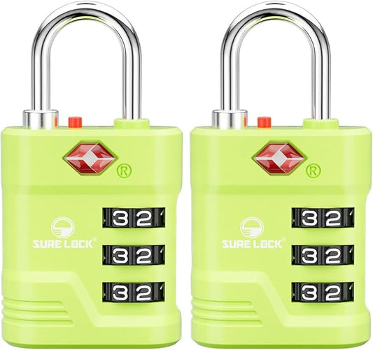 SURE LOCK TSA Approved Luggage Lock – 3-Digit Resettable Combination Padlock with Open Alert Red Dot, Large Easy-Read Dials for Suitcases, Backpacks, Gym & School Lockers