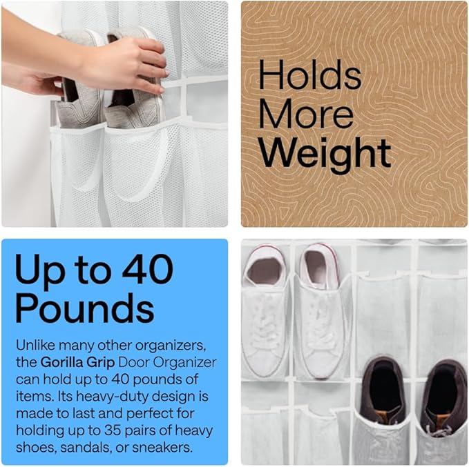 GORILLA GRIP Over the Door Shoe Organizer, 35 Large Breathable Mesh Pockets, Space Saving Hanging Storage Holder, 5 Hook Closet Rack Hanger, Hangs on Closets for Shoes, Accessories 68.5H x 24.5W White