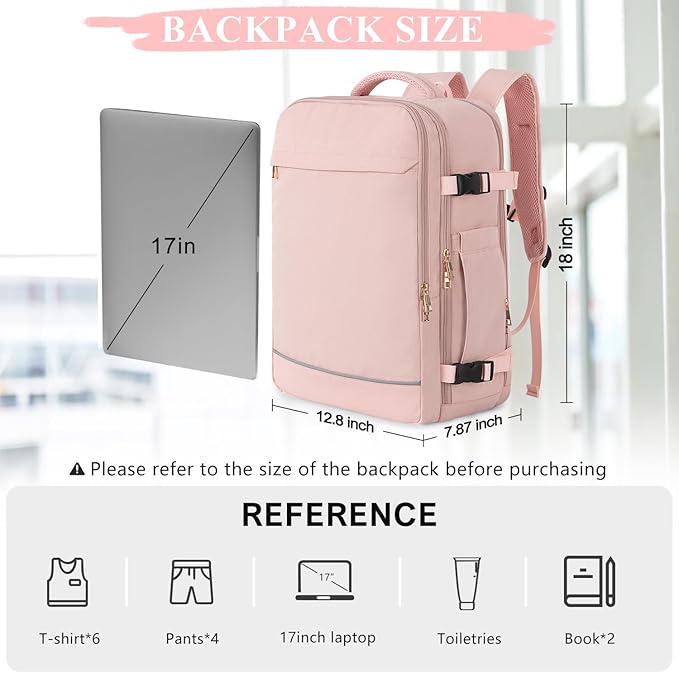 Large Travel Backpack for Women, 40L Travel Bag Personal Item Size, Laptop Backpacks, Waterproof Carry On Backpack with Packing Cubes for College Business Hiking Work Essentials, Pink
