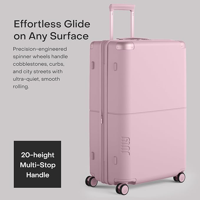 Checked Plus with CaseSafe - 28.75" Trackable TSA Lock Airline Approved Check In Luggage with Wheels, Rolling Suitcase for Men & Women - Silent Spinner Wheels, Y-Strap - Blush Pink