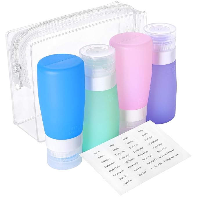 PACKISM 5 Pack TSA Approved Toiletry Bag with Bottles - Leakproof 3oz Silicone Travel Container Kit for Toiletries, Clear Quart Size Bag for Shampoo Conditioner Lotion (BPA Free)