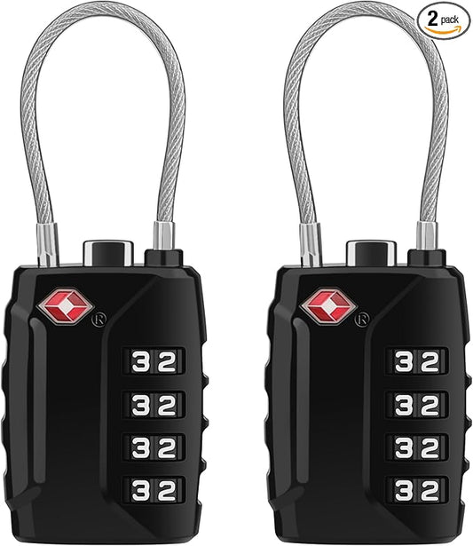 Diyife TSA Luggage Locks, [Upgrade Version][2 Pack] TSA Approved Suitcase Lock 4-Digit Re-settable Combination Lock, Cable Backpack Locks, Code Lock for Travel Suitcase Luggage Bag Lockers (Black)