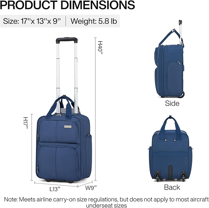 Hanke Expandable Underseat Carry on Luggage for Airplanes,Small Rolling Softside Suitcase Travel Luggage Personal Item Bag,Lightweight luggage bags for travel,Blue,16-Inch