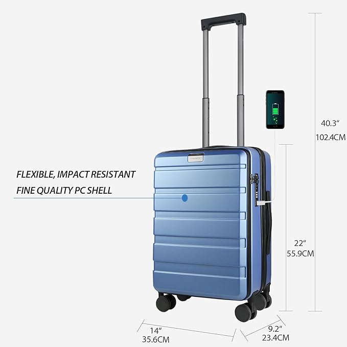 KROSER Carry On Luggage with Spinner Wheels & Built-in TSA Lock, Expandable Top Opening Hard Shell Suitcase Large Capacity Durable Rolling Luggage with USB Port, Carry-On 20-Inch, Light Blue