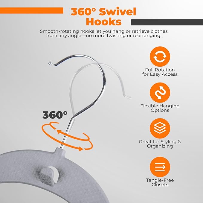 Plastic Hangers 100 Pack, Cascading Slim Space Saving Clothing Hangers with 360° Rotating Hook, Non Slip Clothes Hangers for Sweater Shirt, Heavy Duty Coat Hanger with Inner Hook for Closet, Grey