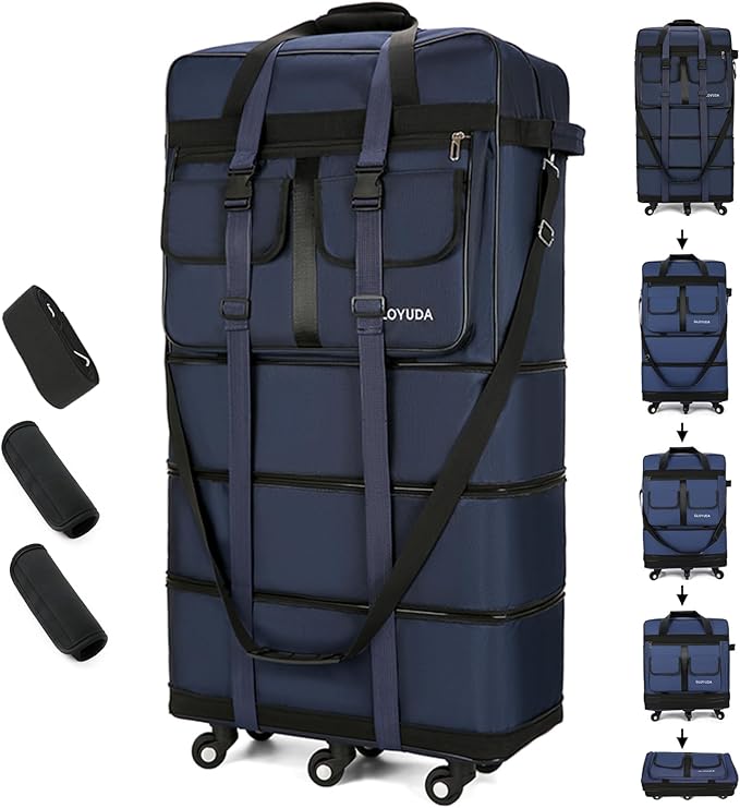 130L Expandable Luggage, 40 Inch Suitcase with Wheels, Collapsible Luggage with Wheels, Rolling Duffle Bag with wheels,Foldable Suitcase with2Handle Wrap 2Fixing Straps 1Shoulder Strap (Blue)